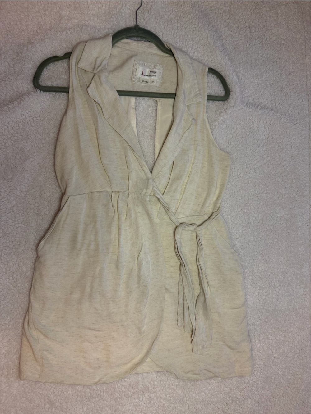 Anthropologie Cream Sleeveless Wrap-Front Top